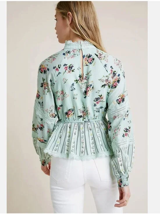 Anthropologie Hemant & Nandita Amour Floral Lace Blouse Top Mint Green Medium - Picture 2 of 15